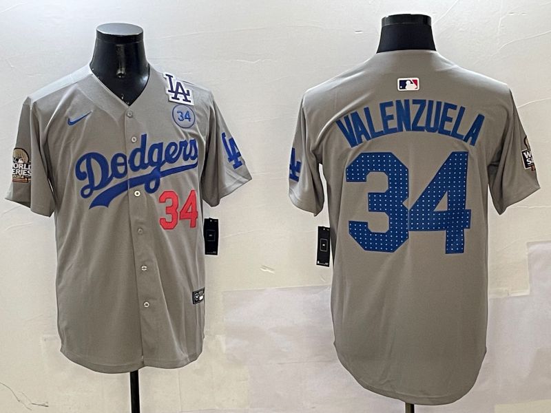 Men Los Angeles Dodgers #34 Valenzuela Grey Blue Fashion Game 2025 Nike MLB Jersey style 3264->los angeles dodgers->MLB Jersey